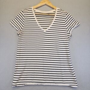 GAP Favorite Tee Striped V-Neck Short Sleeve Top Black White Cotton Modal Large